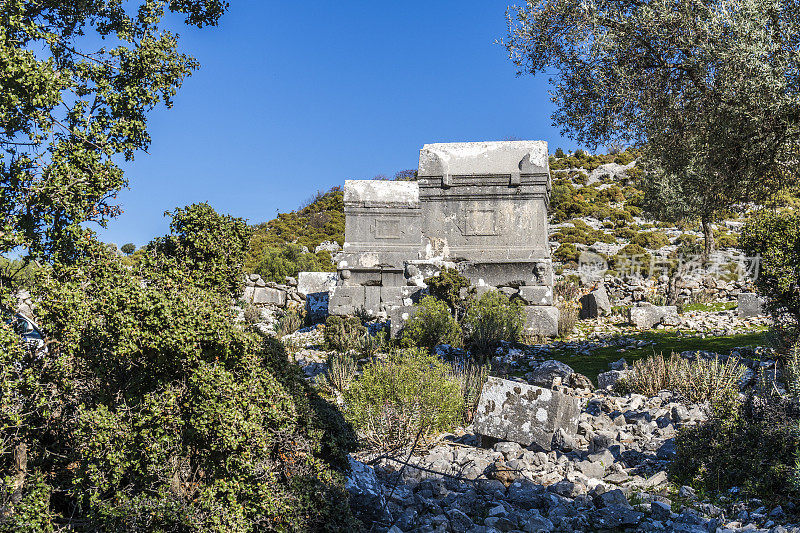 来自Dodurga村的Sidyma古城。Fethiye, Mugla，土耳其。